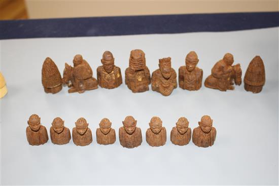 An East African carved wood chess set, kings 5cm, in carved hardwood box, possibly from The Cameroon